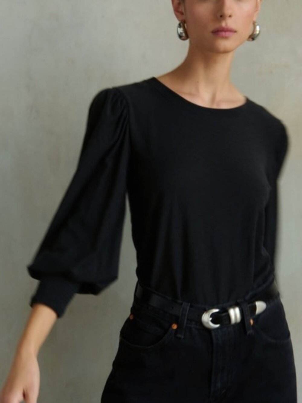 Nation LTD Black Loren Long Sleeve Puff-Sleeve Tee Top